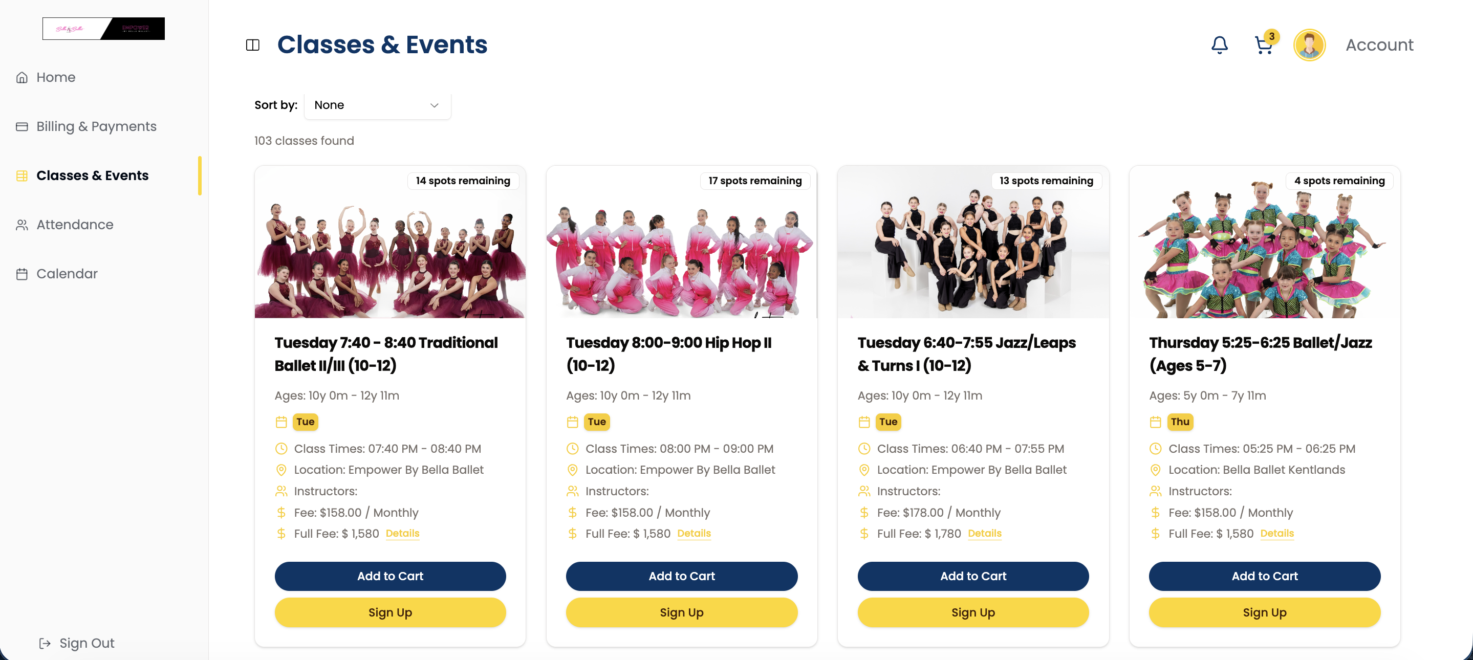 The Enrollio Portal Classes and Events page showing class cards with photos, schedules, fees, and sign-up buttons that families use to register online.
